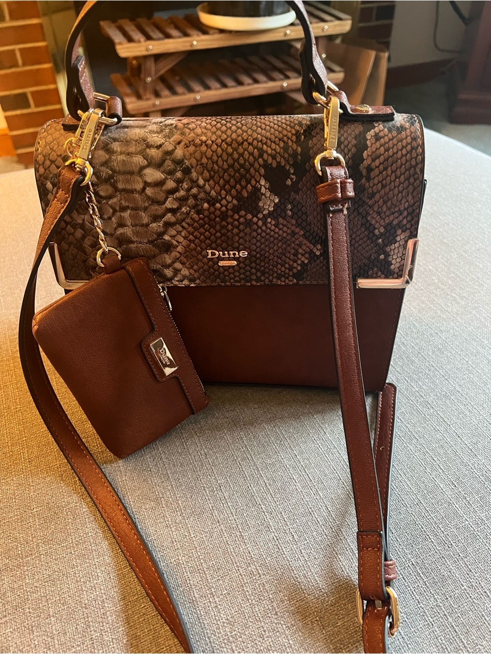 Dune London Brown Snake-Effect Leather Top-Handle Crossbody